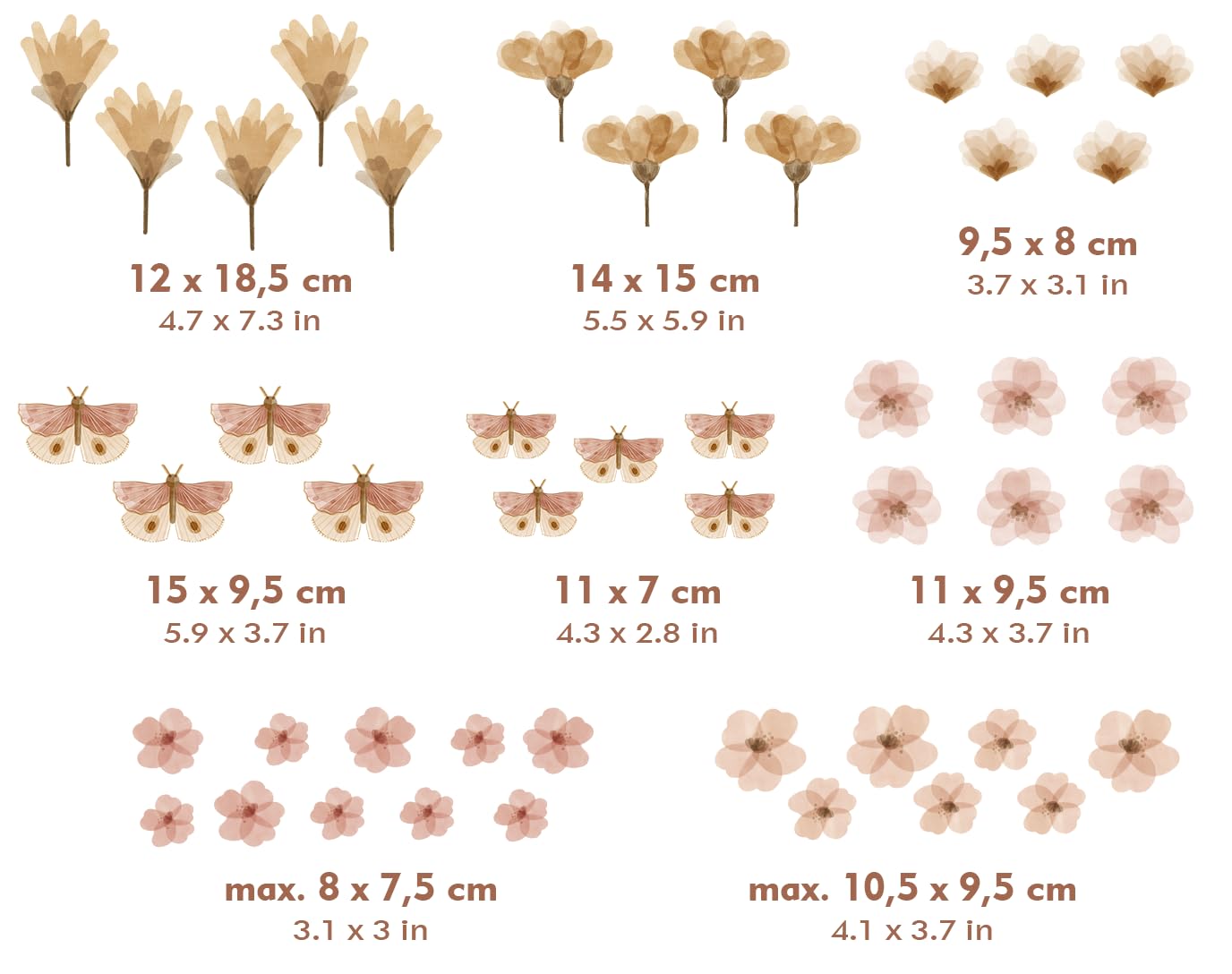 Adesivo da parete per cameretta dei bambini - Adesivo da parete per cameretta dei bambini - Non tossico, sicuro, potente - 46 pezzi adesivi, fiori boho - rosa, marrone, cipria, beige