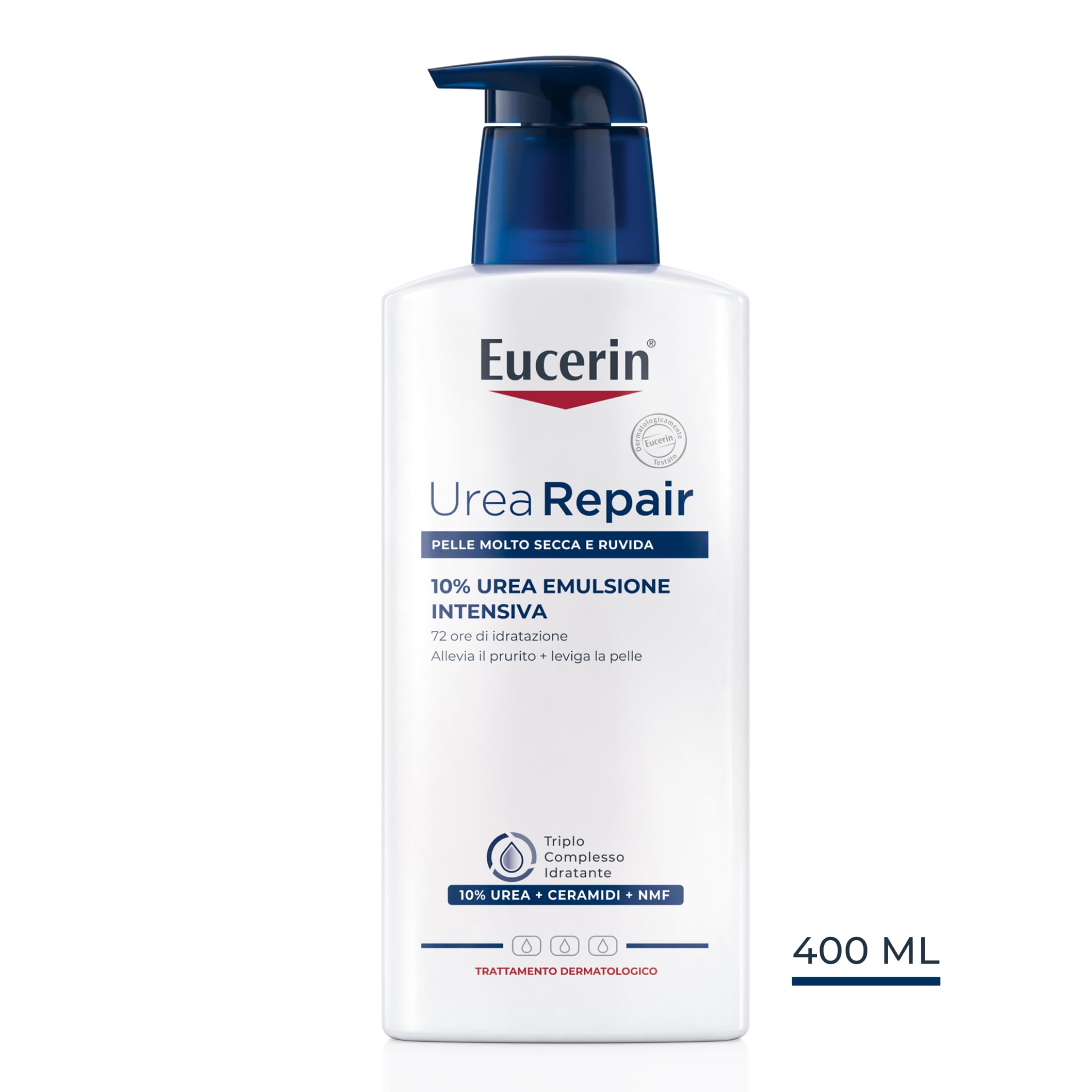 Eucerin Urea Repair Emulsione Intensiva 10% 400 ml, Crema idratante corpo per 72 ore, Crema Urea al 10% e Ceramidi per un sollievo immediato della pelle secca, molto secca e ruvida