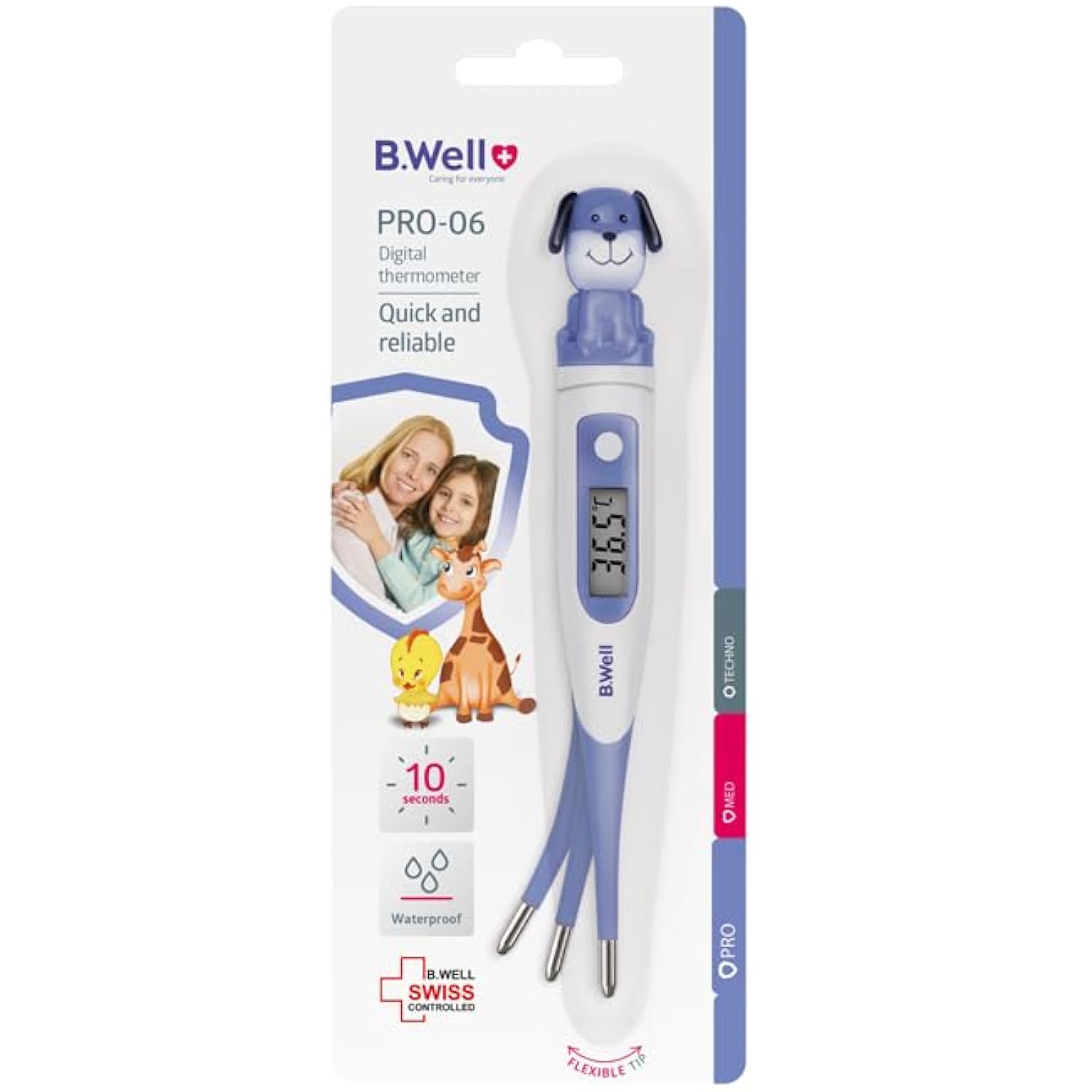 B.Well PRO-06 Standard Digital Thermometer Flexible-Tip Waterproof Celsius & Fahrenheit (PUPPY)
