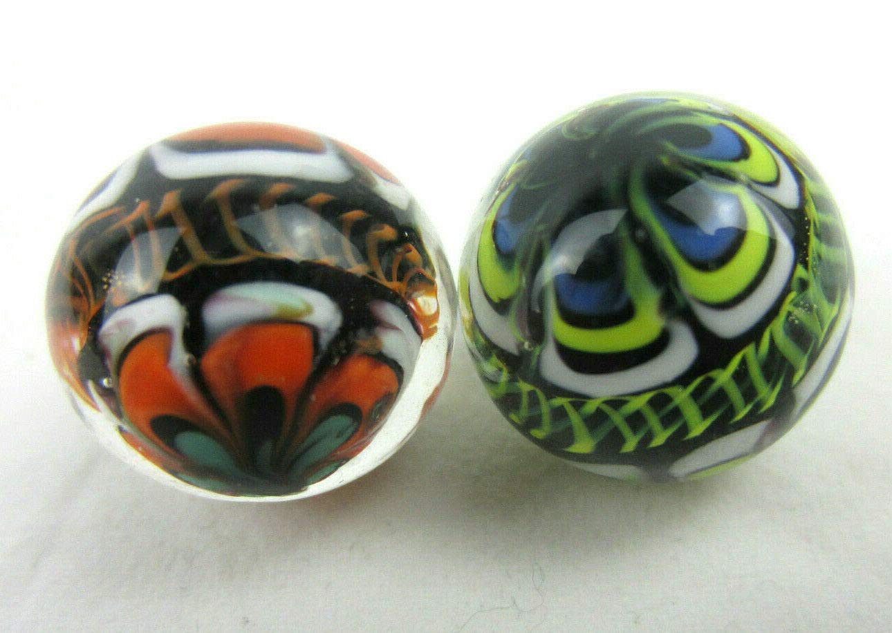 Big Game Toys ~Set of 2 RINKY-Dink 16mm Handmade Art Glass Marbles Orange Blue Green Lattice Design - Image 4