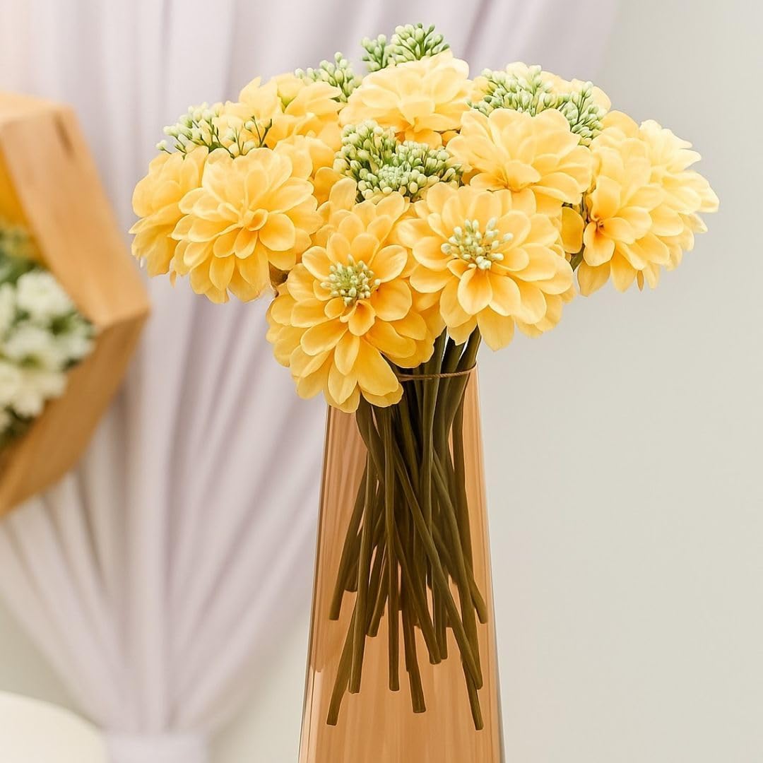 SATYAM KRAFT 1 Pcs Artificial Dahlia Flower Bunch โ 7-Stem Faux Bouquet for Home, Office, Wedding & Party Decoration โ Realistic Fabric Flower Arrangement (Without Vase) (Peach)