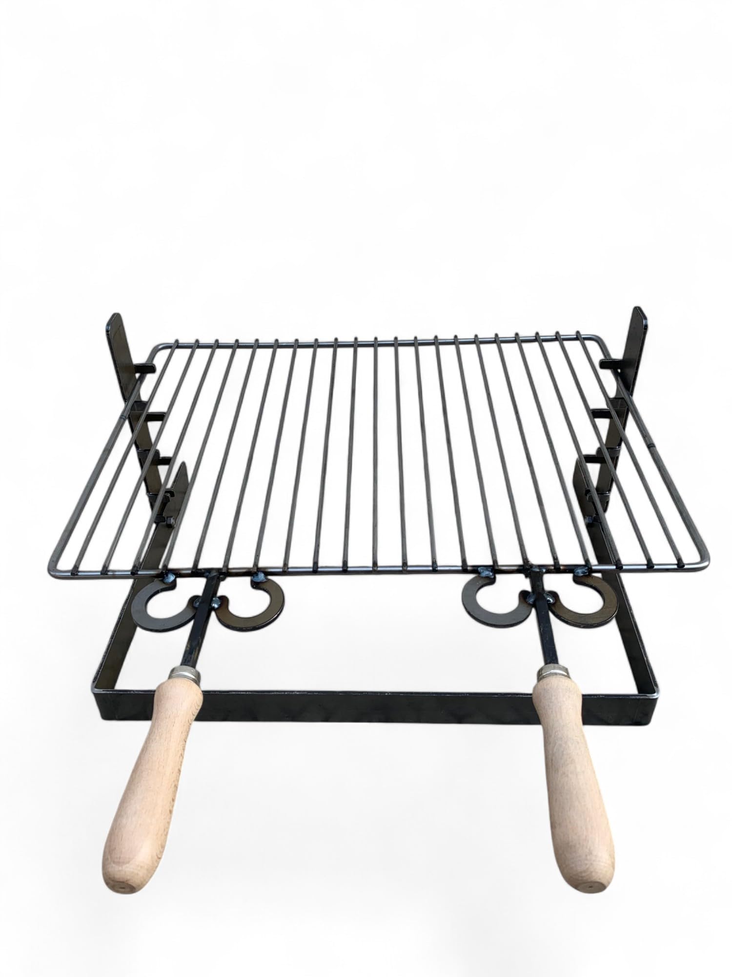 Griglia in ferro regolabile su più altezze, bistecchiera con manici in legno, per barbecue e camino per carne pesce verdure (50x36 cm)