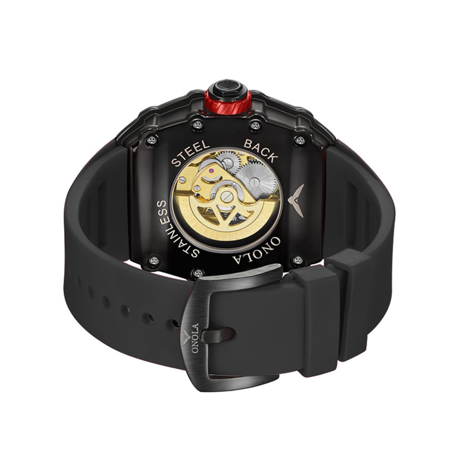 FORSINING Orologio da uomo Tonneau, a forma di scheletro, meccanico, automatico, quadrante grande, alla moda, da lavoro, con cinturino in silicone