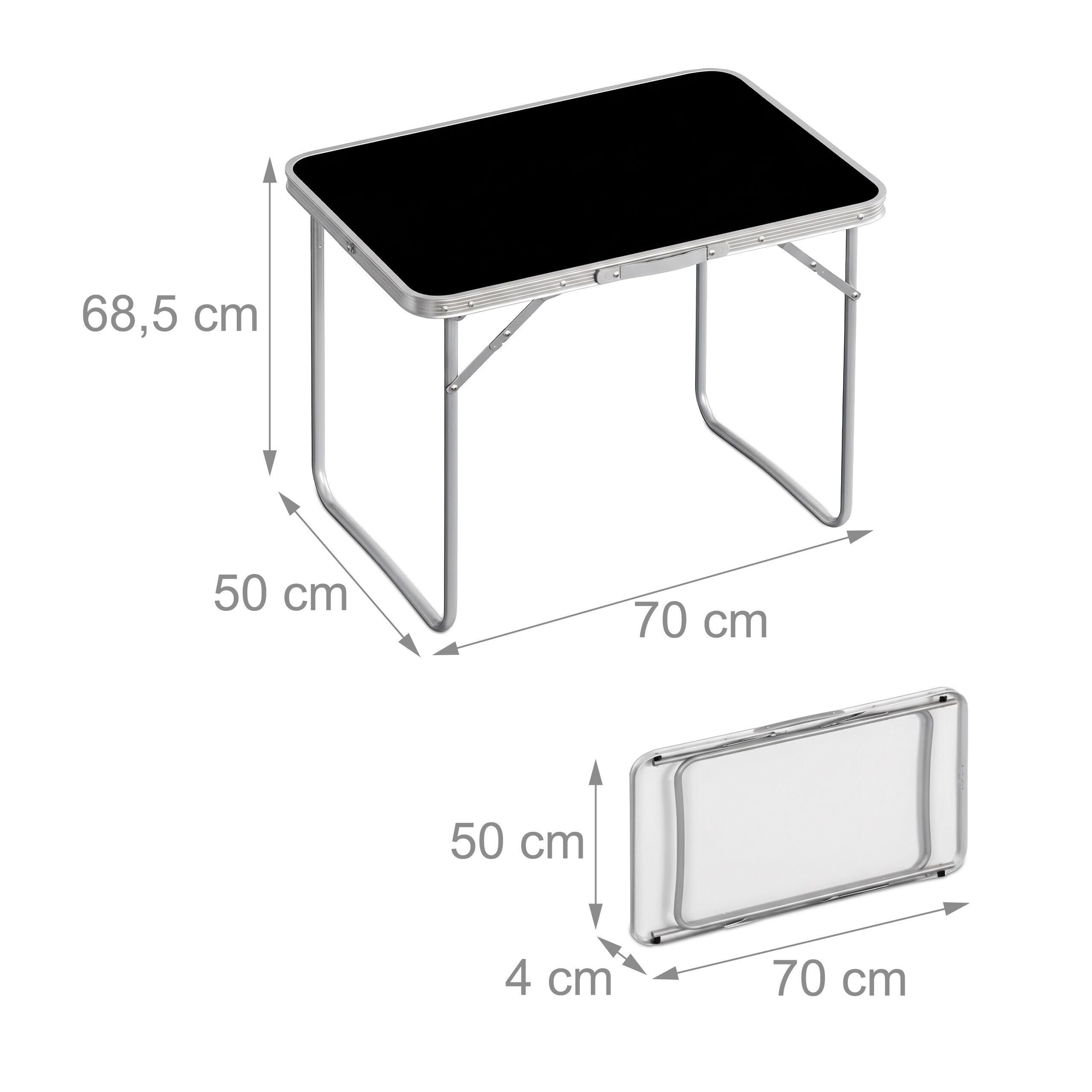 Relaxdays Table de Camping | table d'appoint pliable, H x L x P 68,5 x 70 x 50 cm, camping/pique-nique, aluminium, noire