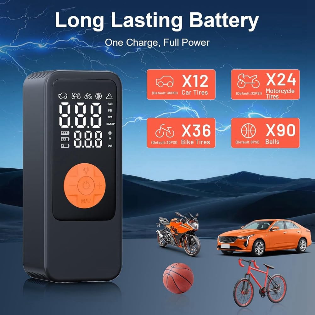 Compressore d'Aria per Gonfiaggio Pneumatici con Manometro Digitale, Pompa d'Aria 150PSI per Auto, Bici, Moto con Luce Indicatrice LED.