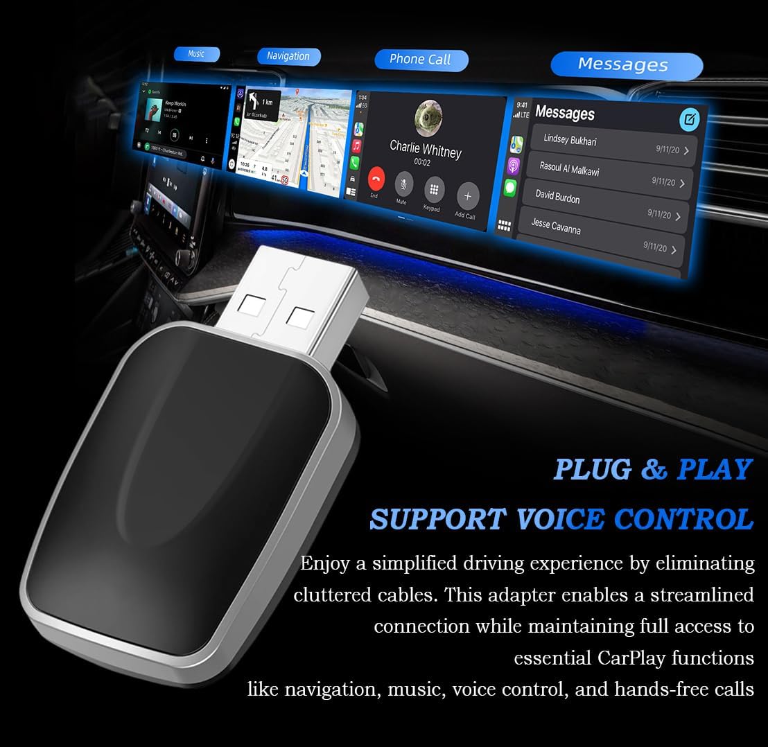 Bezprzewodowy adapter Carplay do Seat Alhambra/Ibiza/Leon/Toledo 2016-2024, bezprzewodowy adapter samochodowy z systemem Android Konwersja przewodowa pasuje do iOS 10+/Android 10+, złoty