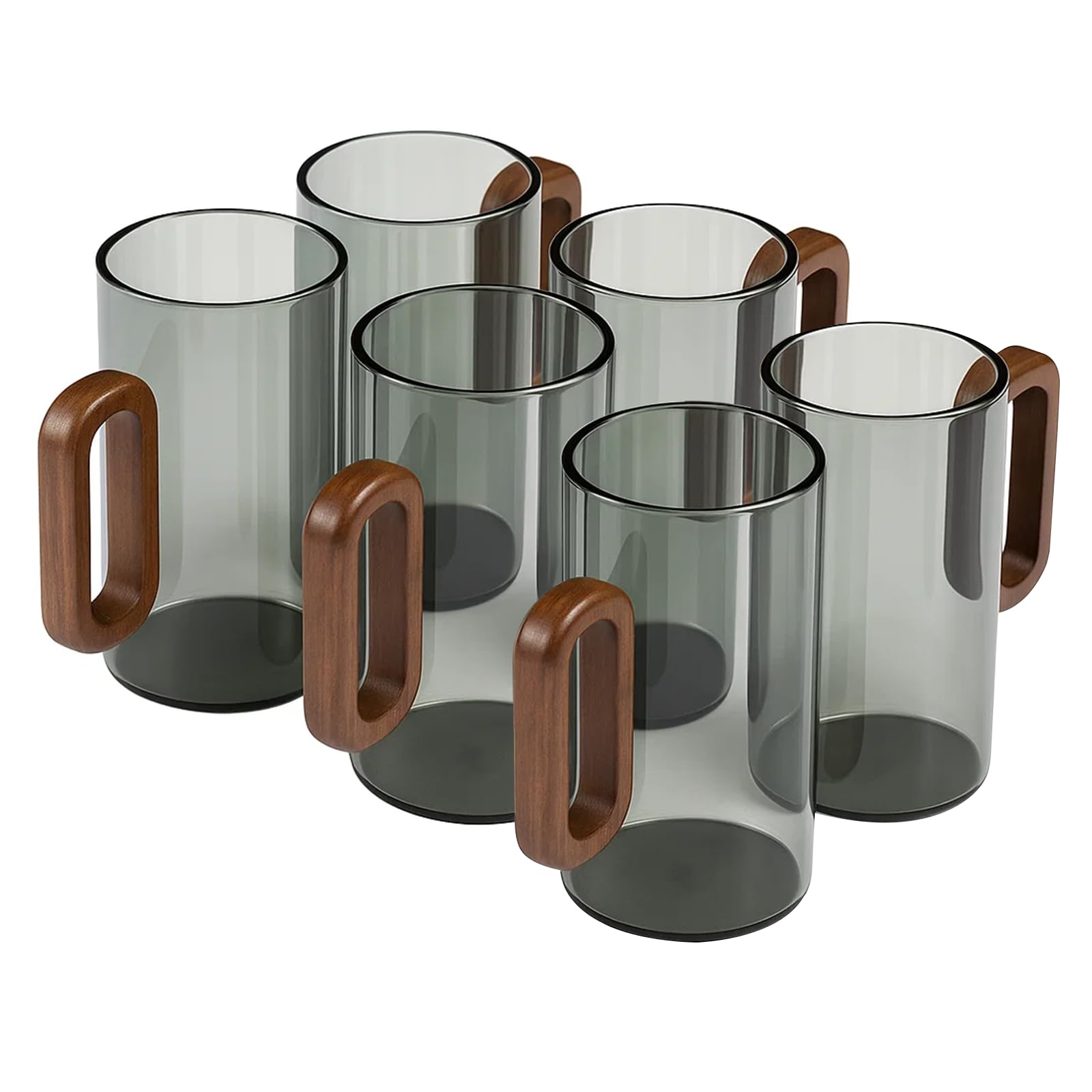 ANYVOYAGE Set of 6 Glass Water Cups with Wooden Handle, 360ml Heat Resistant Smoky Blue Drinking Glasses for Tea, Coffee & Cold Beverages, Modern Household Living Room Cups