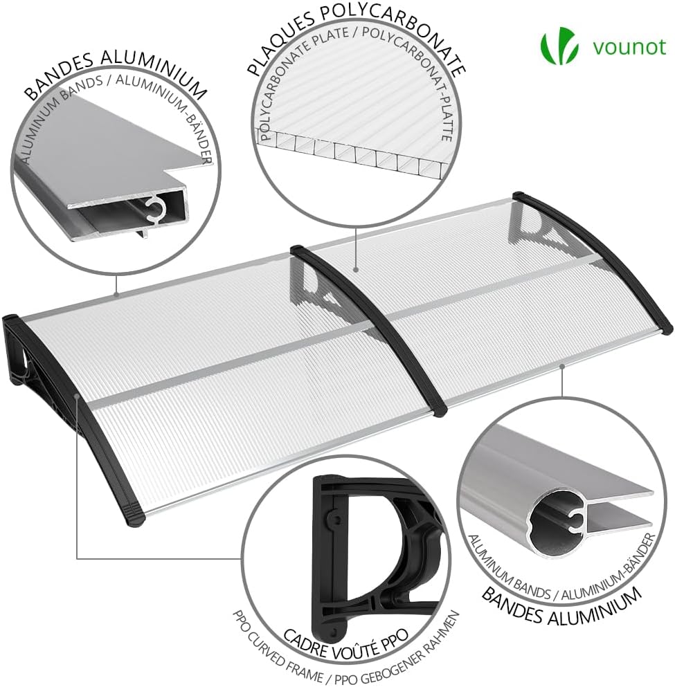 مفصل view of the awning components including polycarbonate panels, aluminum strips, PPO curved frames, expansion bolts, and screws.