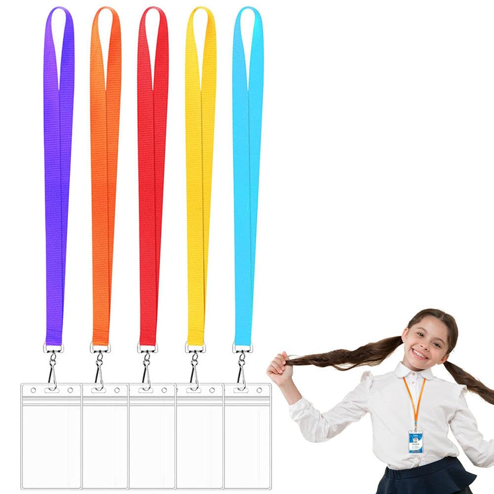 5 Pack Colorful Lanyard with Waterproof ID Card Holder,Durable Clear Name Tags with Cruise Lanyards Travel Accessories,Name Badges Holder for Adults Kids School ID Badges Cards- Style A