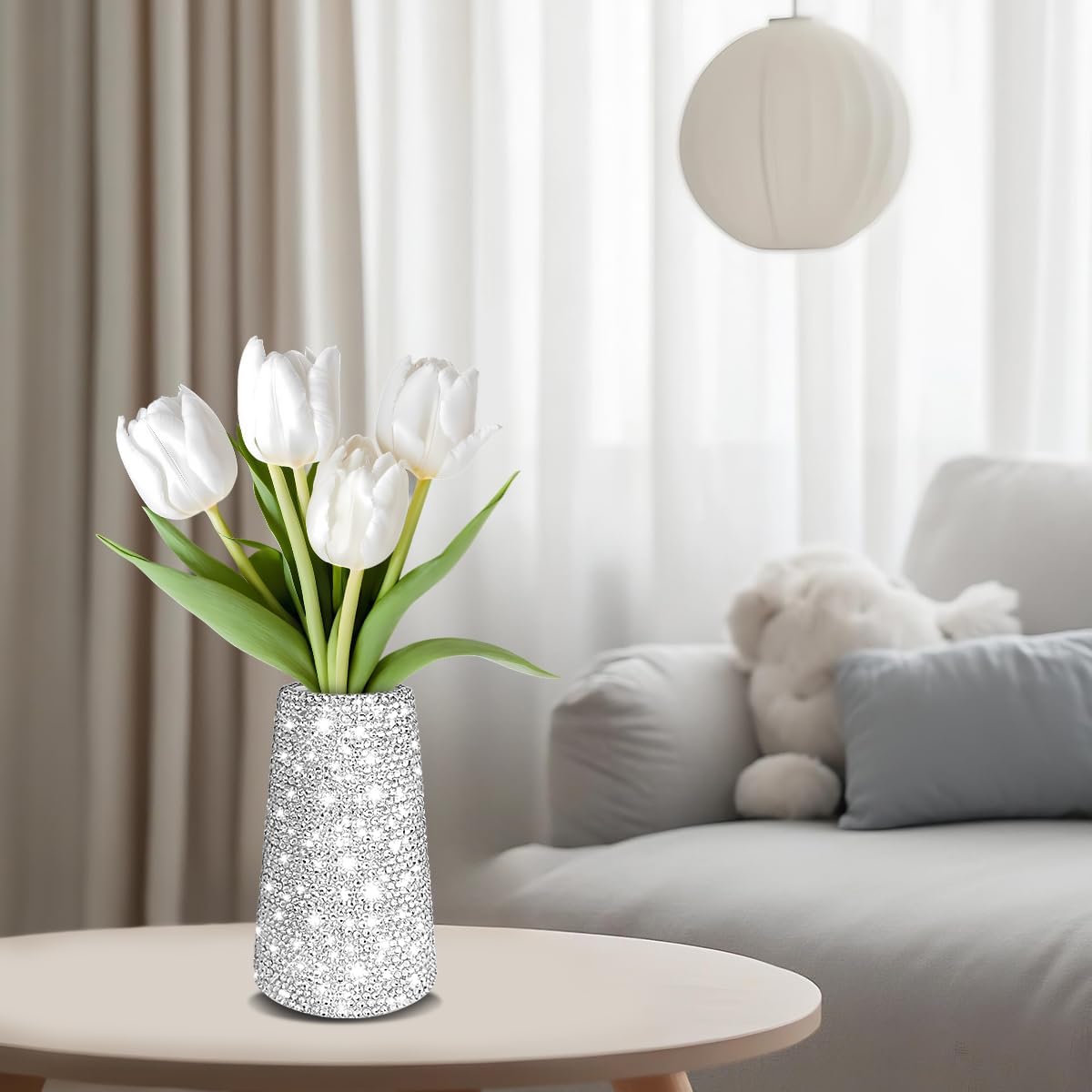 Bling Vase for Flowers Plants,6" Ceramic Vases for Modern Table Shelf Home Decor Wedding Decor, Elegant Vase for Pampas Grass Fluffy Stem Bouquet Lavender Flowers (Silver)