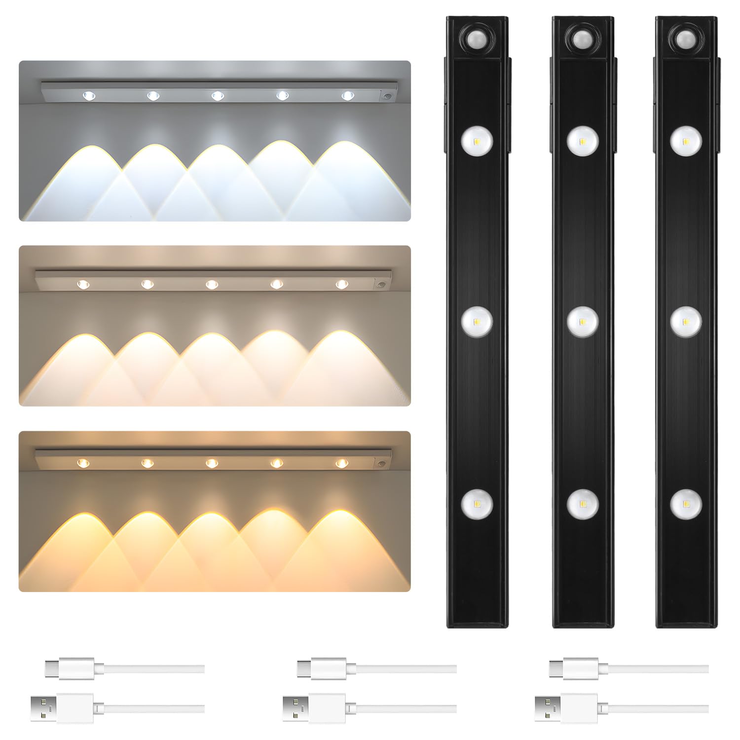 T Tersely3 Colors Dimmable Motion Sensor Under Cabinet Lights Wireless, Rechargeable Battery Operated Closet Light Under Counter Light Kitchen Stair Motion Sensor Cabinet Light (3pack black, 40CM)