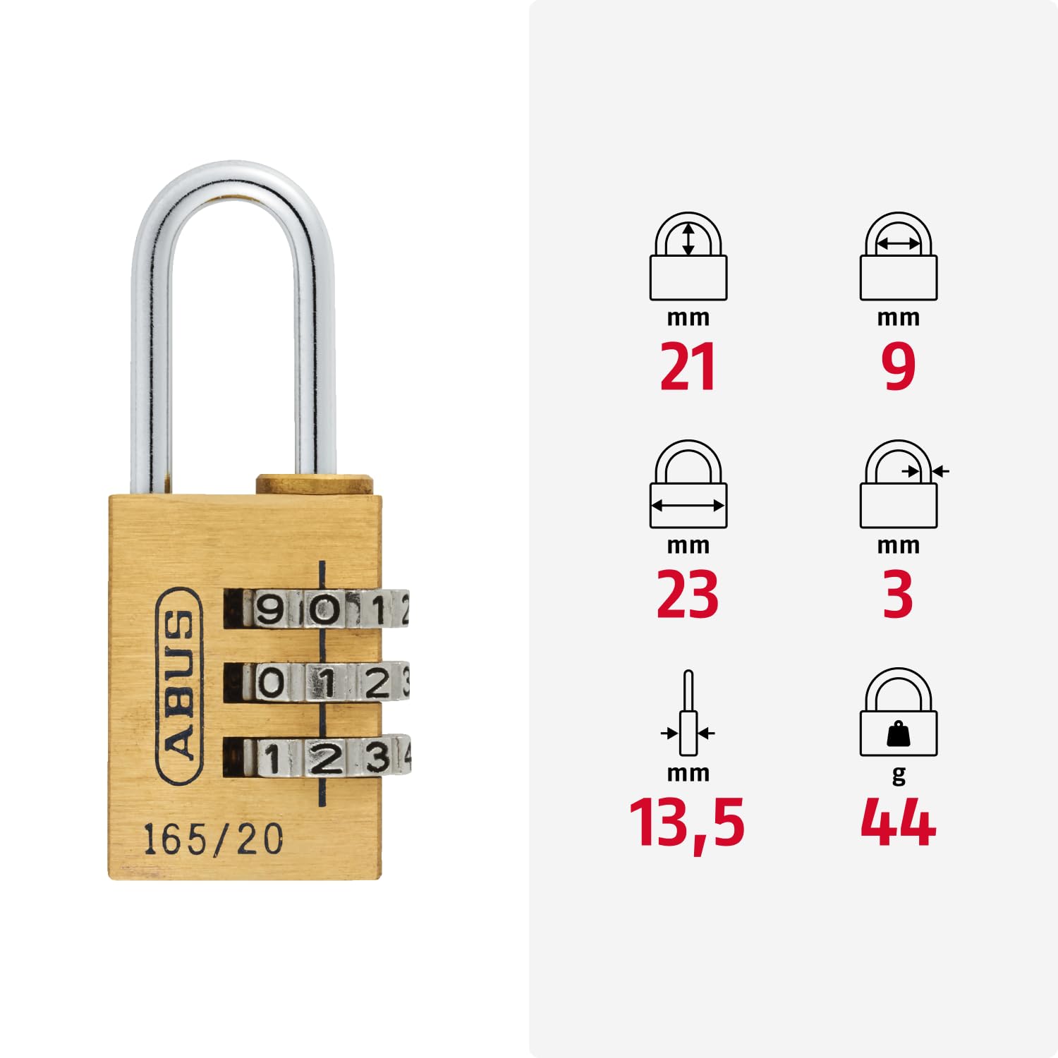 ABUS Zahlenschloss 165/20 - Vorhängeschloss aus Messing - mit individuell einstellbarem Zahlencode - Kofferschloss / Spindschloss