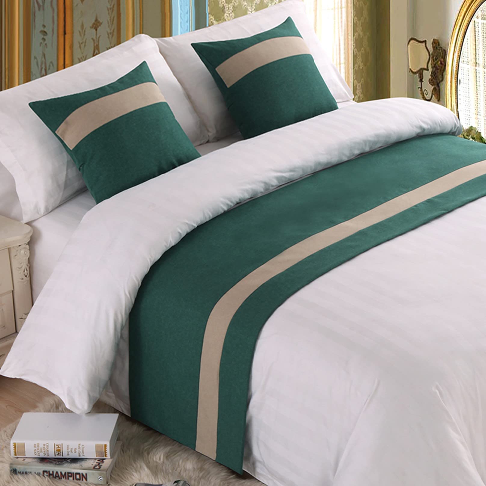TTiiLoe Bed Runner for Foot of Bed Stripe Pattern Green Decor Bedding Protection Cover Bed Scarf Bed End Towel Bed Mat No Fading Hotel Bedroom Wedding Room,240x50cm