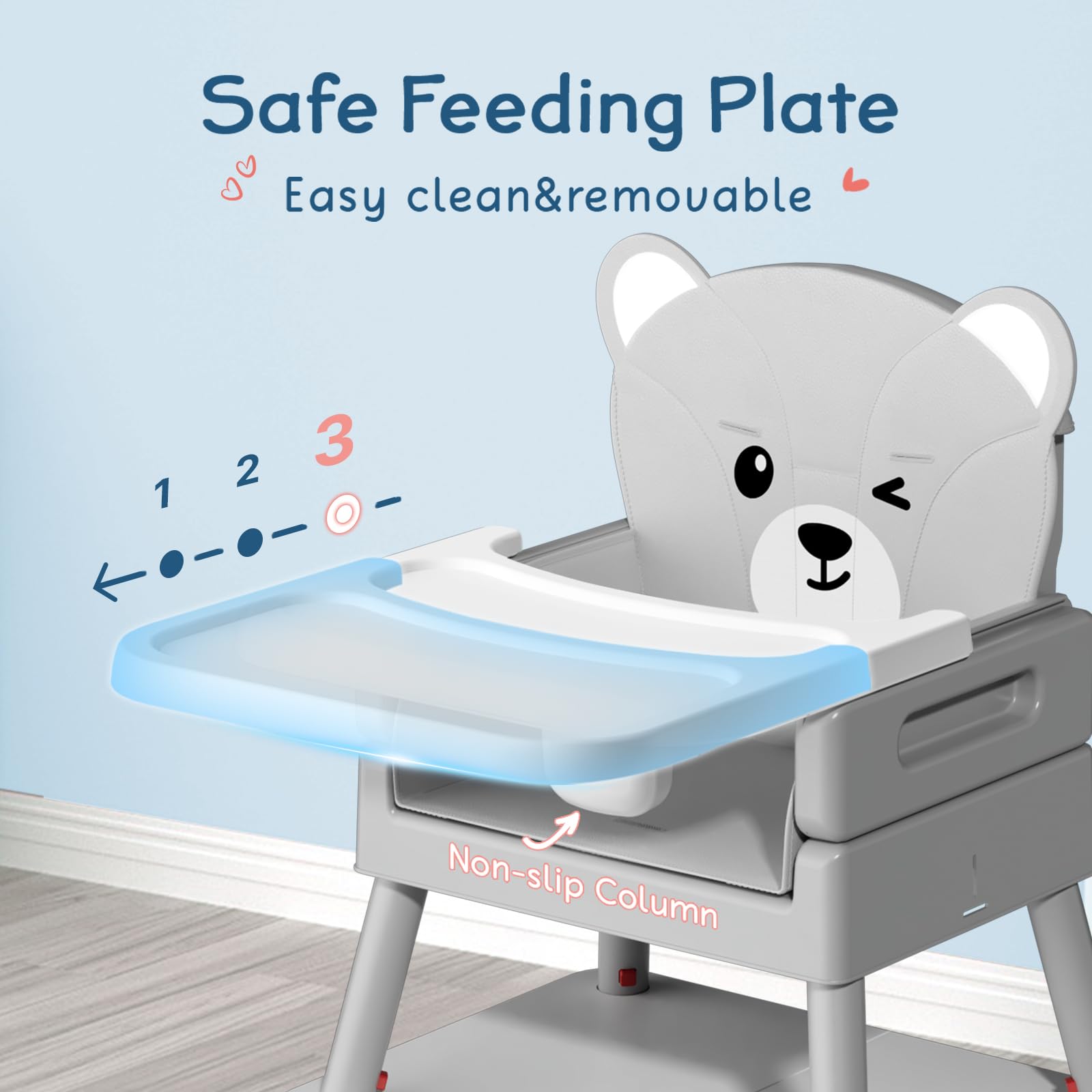COOSEYA Chaise Haute Bébé, Chaise Haute 6 en 1 avec Coussin en Forme d'Ourson et Facile à Nettoyer, Plateau Amovible et Harnais 5 Points pour Bébé de 6 Mois à 3 Ans, Gris