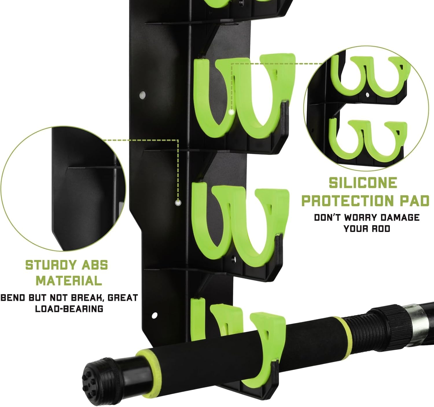 BOOSTEADY Soporte para Cañas de Pescar Estante de Cañas de Pescar para Garaje, Pesca Accesorios, Montaje en Pared o Techo, Equipo de Pesca, Verde, 2 Piezas