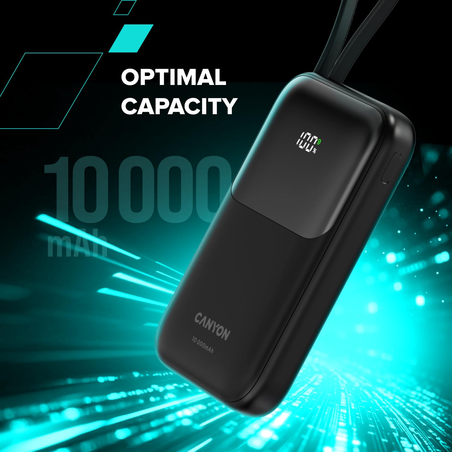 CANYON OnPower 101 - Batteria esterna da 10000 mAh con cavo USB-C integrato, PD 22,5 W e ricarica rapida QC 3.0, display digitale, batteria portatile sottile, viola
