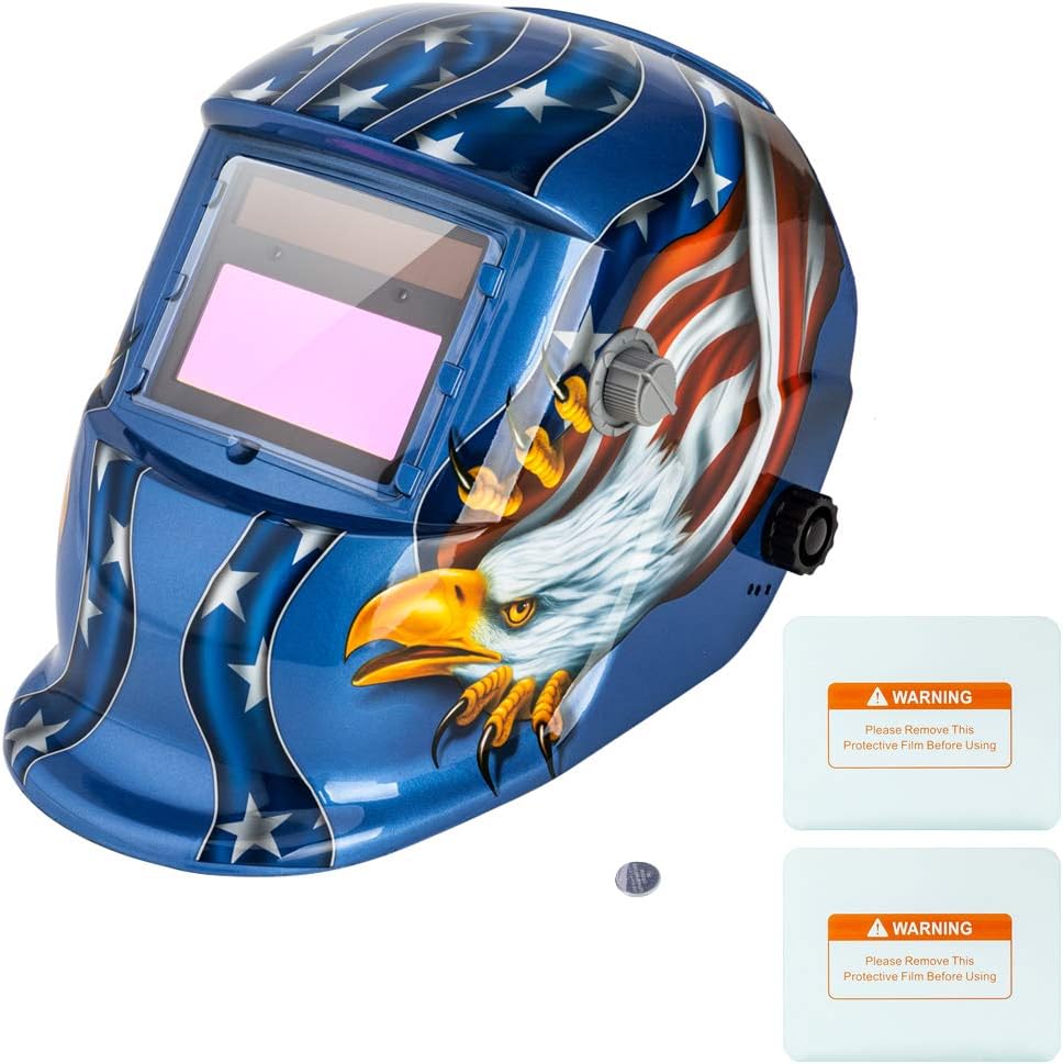 Z ZTDM Welding Helmet Welder Mask Solar Powered Auto Darkening Hood with Adjustable Wide Shade Range 4/9-13, Protective Gear, 2 Extra Lens & Battery for ARC MIG TIG (Blue Eagle)