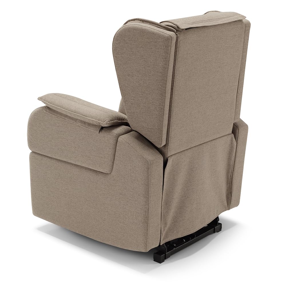 Poltrona relax elettrica Berlino per anziani, 2 motori, 4 ruote, tessuto antimacchia, alzapersona, kit optional batteria, braccioli estrabili e tavolino opzionale (4 Ruote + Tavolino, Tortora)