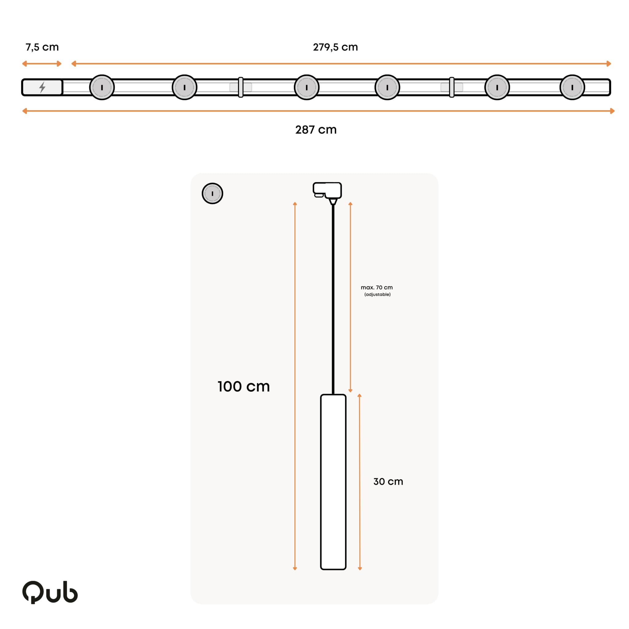 Qub Focus III 1-Phasen LED Schienensystem 300cm 6x GU10 Pendelleuchten 3x 1m Schienen I-Form Deckenstrahler Schwarz