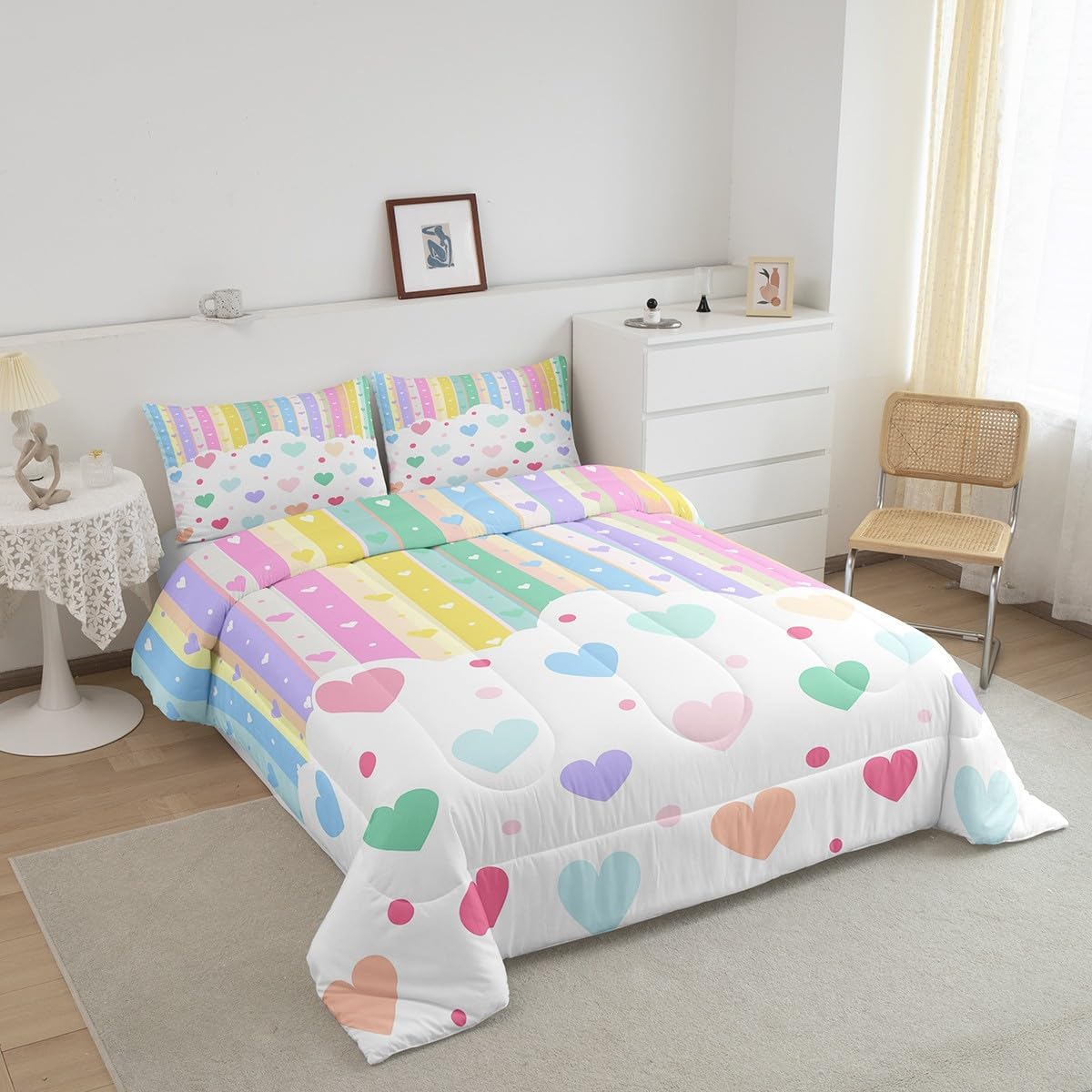 Feelyou Pretty Rainbow Bedding Set for Kids Boys Girls Colorful Love Heart Comforter Twin Size Dot Comforter Set Bedroom Decor Kawaii Quilt Set Bedding Collection 2Pcs