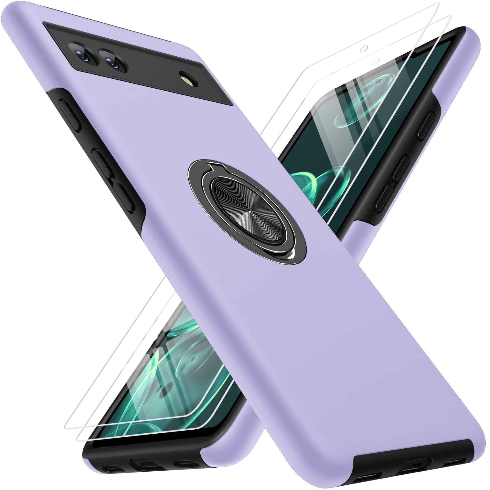 KOVASIA Case Compatible with Goggle Pixel 6A 6.1", Phone Case with Shockproof, Scratch-Resistant, Fingerprint-Resistant 3-Layer Structure Protective Case + 360° Ring Stand (Purple)