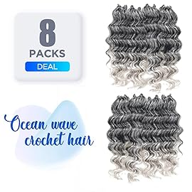 ToyoTree Ocean Wave Crochet Hair - 9 Inch 8 Packs Ombre Gray Short Curly Deep Wave Crochet Hair, Synthetic Ocean Wave Braiding Hair Extensions (9 Inch,T-Gray-8P)