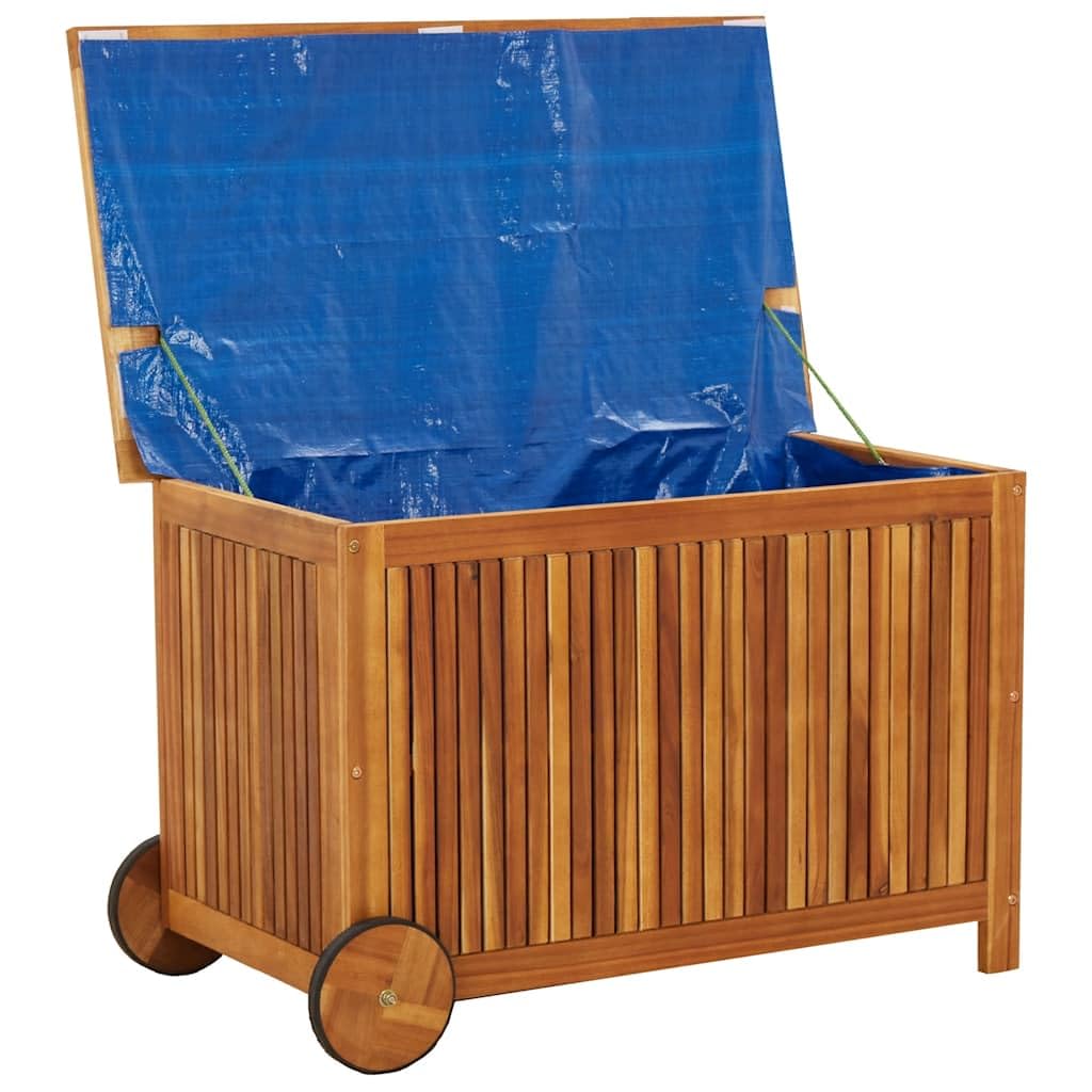 Cassapanca da giardino con ruote, 90 x 50 x 58 cm, in robusto legno di acacia, impermeabile, per cuscini, coperte, giocattoli, resistente alle intemperie, chiudibile, ideale per terrazze