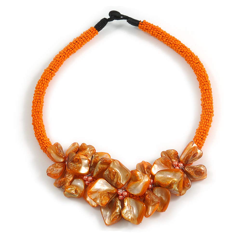 Avalaya Collar de cuentas de cristal naranja con diseño floral de concha/48 cm de largo, talla única, Vidrio cristal concha de mar