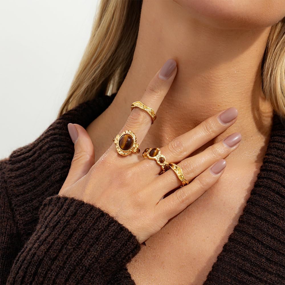 Vintage Boho Gold Rings for Women Chunky Unique Large Faux Gemstone Stone Stack Knuckle Statement Ring Stack Funky Open Bulky Jewelry Set Non Tarnish - Image 3