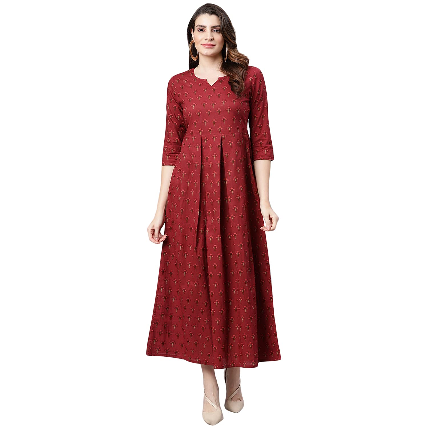 Idalia Floral Printed 3/4Th Sleeves Cotton Round V Neck Dress For Women,Maroon