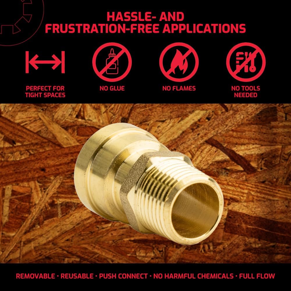 QuickFitting 1/2 Inch x 1/2 Inch MNPT Straight Male Adapter, Push to Connect Brass Plumbing Fitting with Slip Clip Disconnect Tool, for Copper, PEX and CPVC, 5 Pack