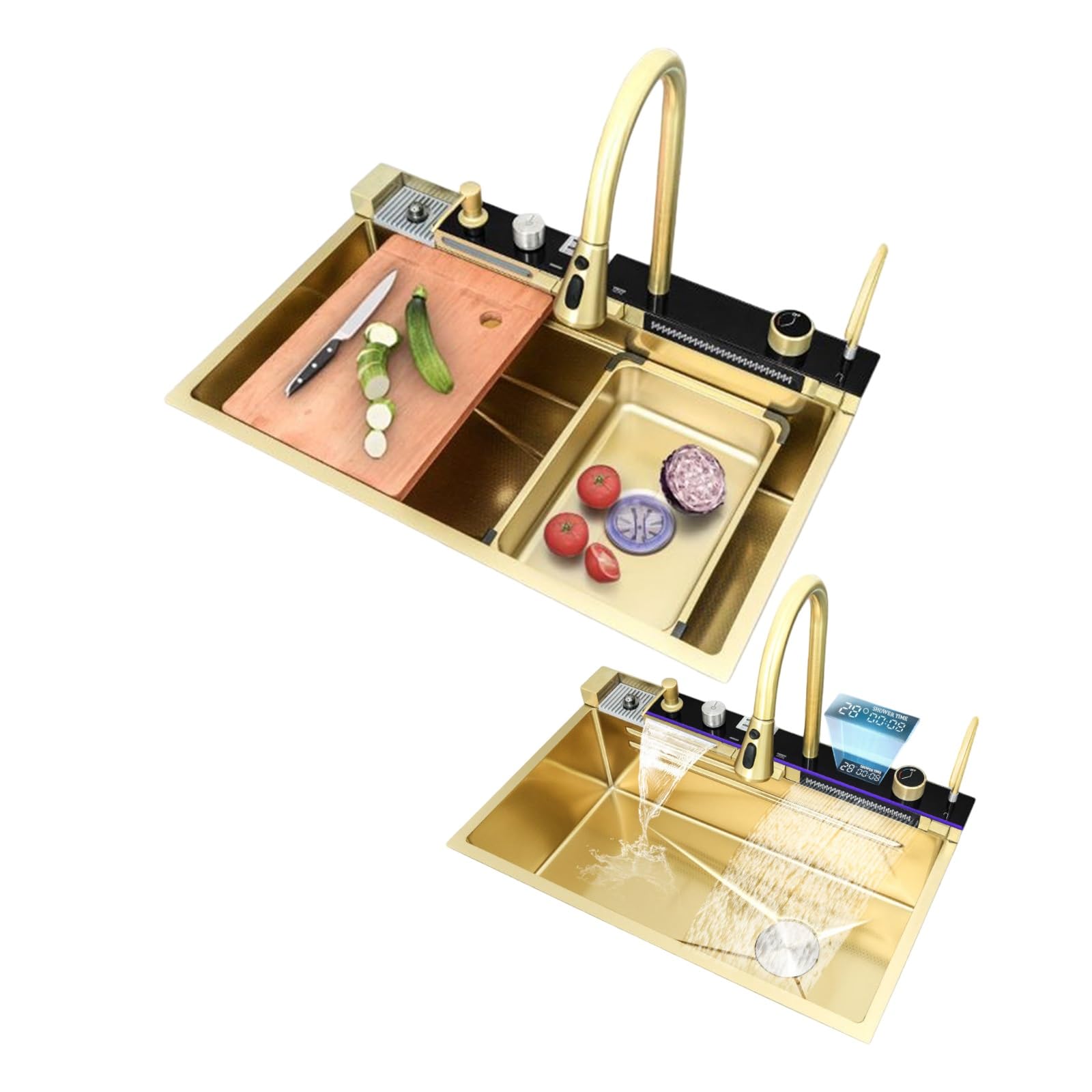 Fregadero de cocina de 75 cm con doble cascada y grifo extraíble anticascadas