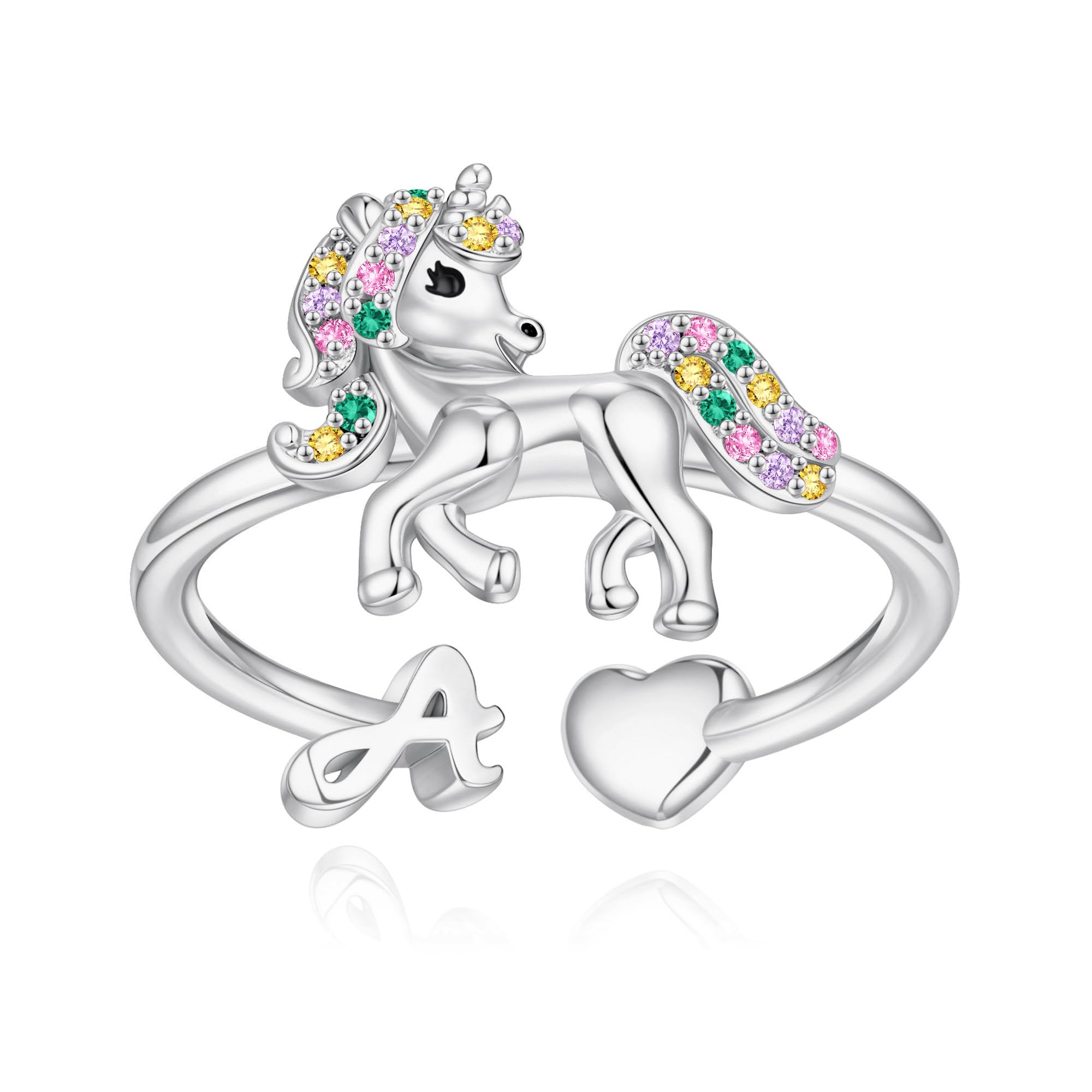 Unicorn Initial Rings for Teen Girls, Rose Gold/White Gold Plated Heart Initial Rings for Girls Adjustable Stackable Rings for Women Diny Heart Ring for Teen Girls Gifts Unicorns Gifts for Girls