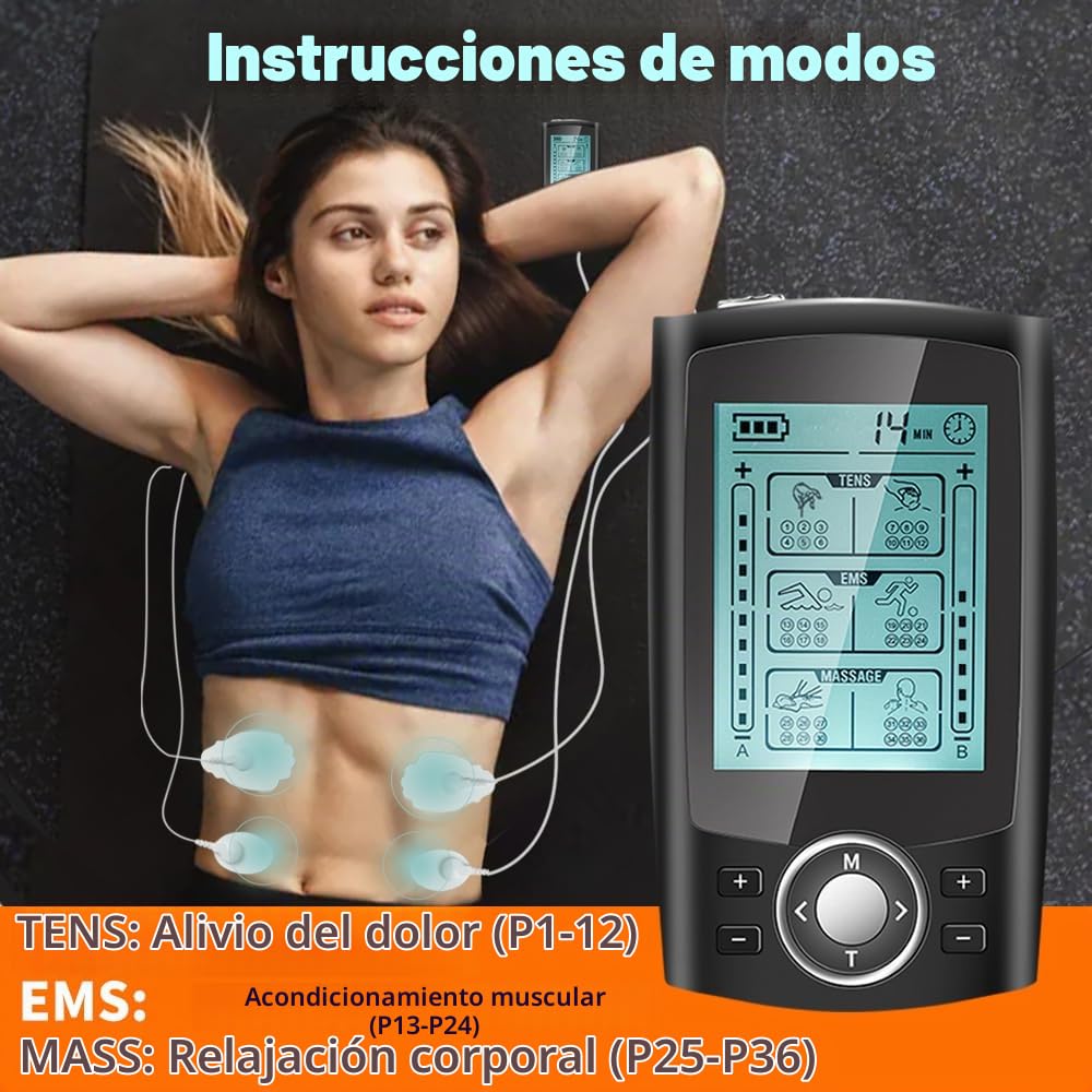 TENS/EMS Digital Electroestimulador Muscular, 36 modos 3 en 1, TENS EMS y Función de Masaje con 10 electrodos para aliviar el Dolor de Espalda, Hombros, Piernas y Cuello