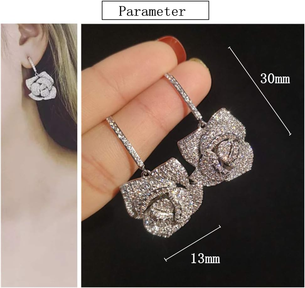 Huggie CZ Flower Dangle Stud Earrings for Women Girls with Charms Fashion Luxury Pave Rhinestone Filigree Camellia Rose Dainty Crystal Drop Dangling Wedding Prom Jewelry Dainty Gifts Valentine Mother's Day - Image 6