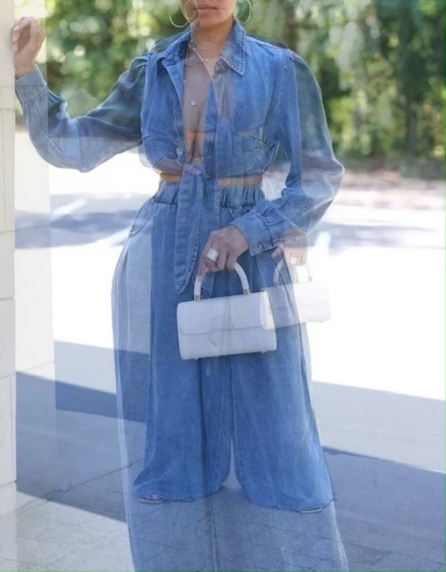 【Anyone more】Pound Strap Denim Two-Piece Setup SET FS13988D Two Piece Denim Sets - Zipper Vest Mini Skirt Suits