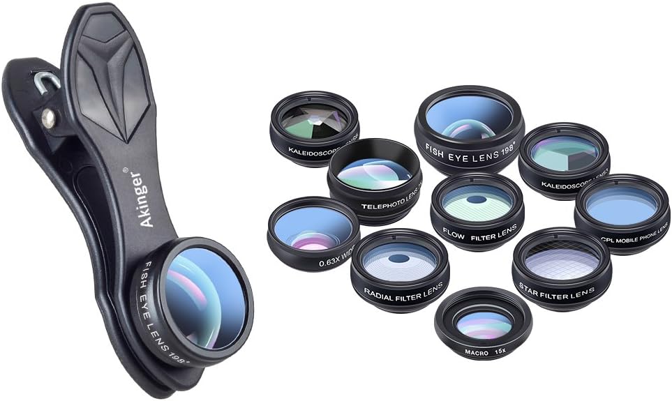 Akinger 10 in 1 Phone Lens Kit 2 Pcs Kaleidoscope Lens+3 Pcs Filters+198 Degree Fisheye Lens+2X Telephoto Lens+0.63x Wide Lens & 15x Macro Lens+CPL Lens for iPhone/Samsung and Other Mobilephone