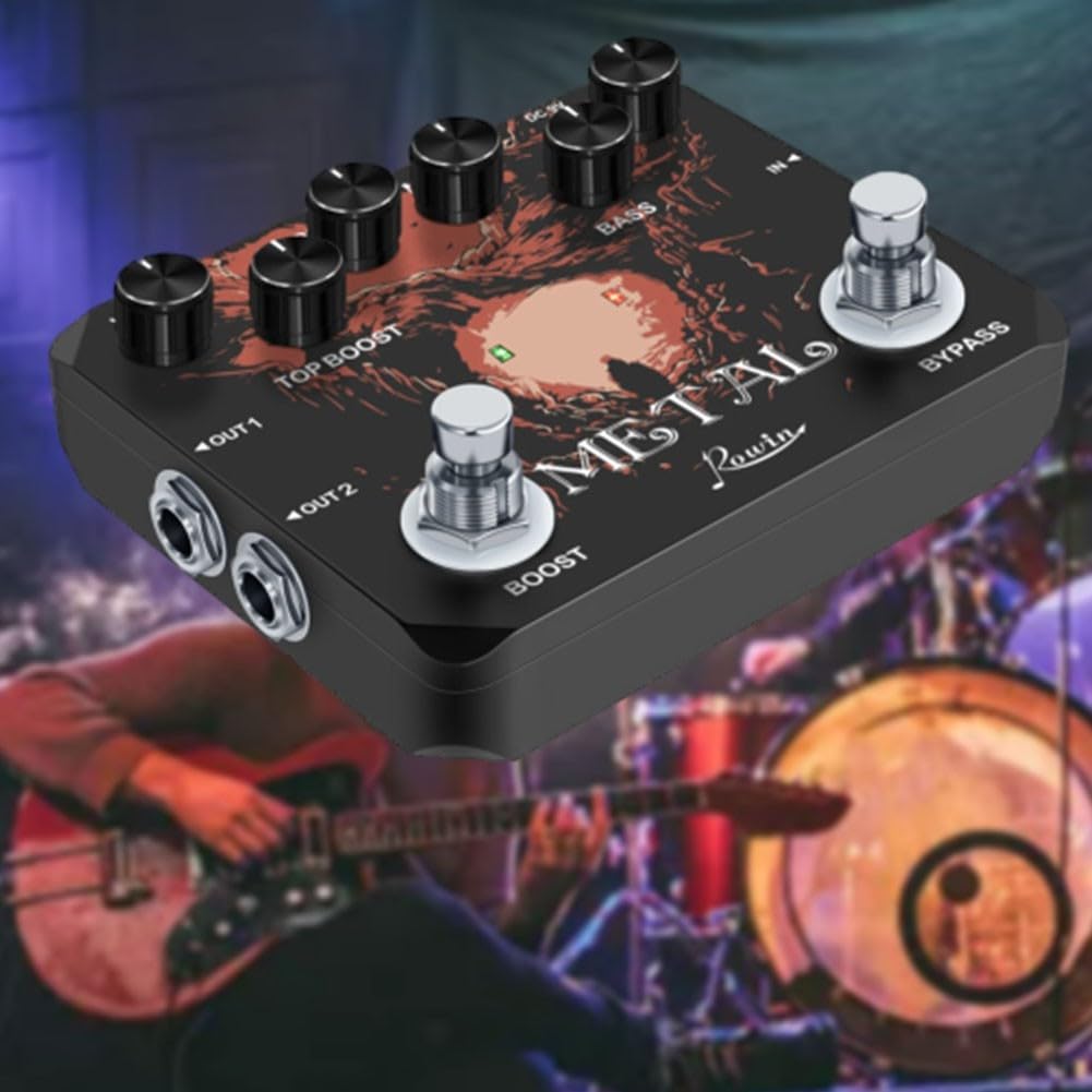 Rowin Metal Distortion - Pedale effetto chitarra con True Bypass per toni heavy rock e ad alto guadagno, colore nero