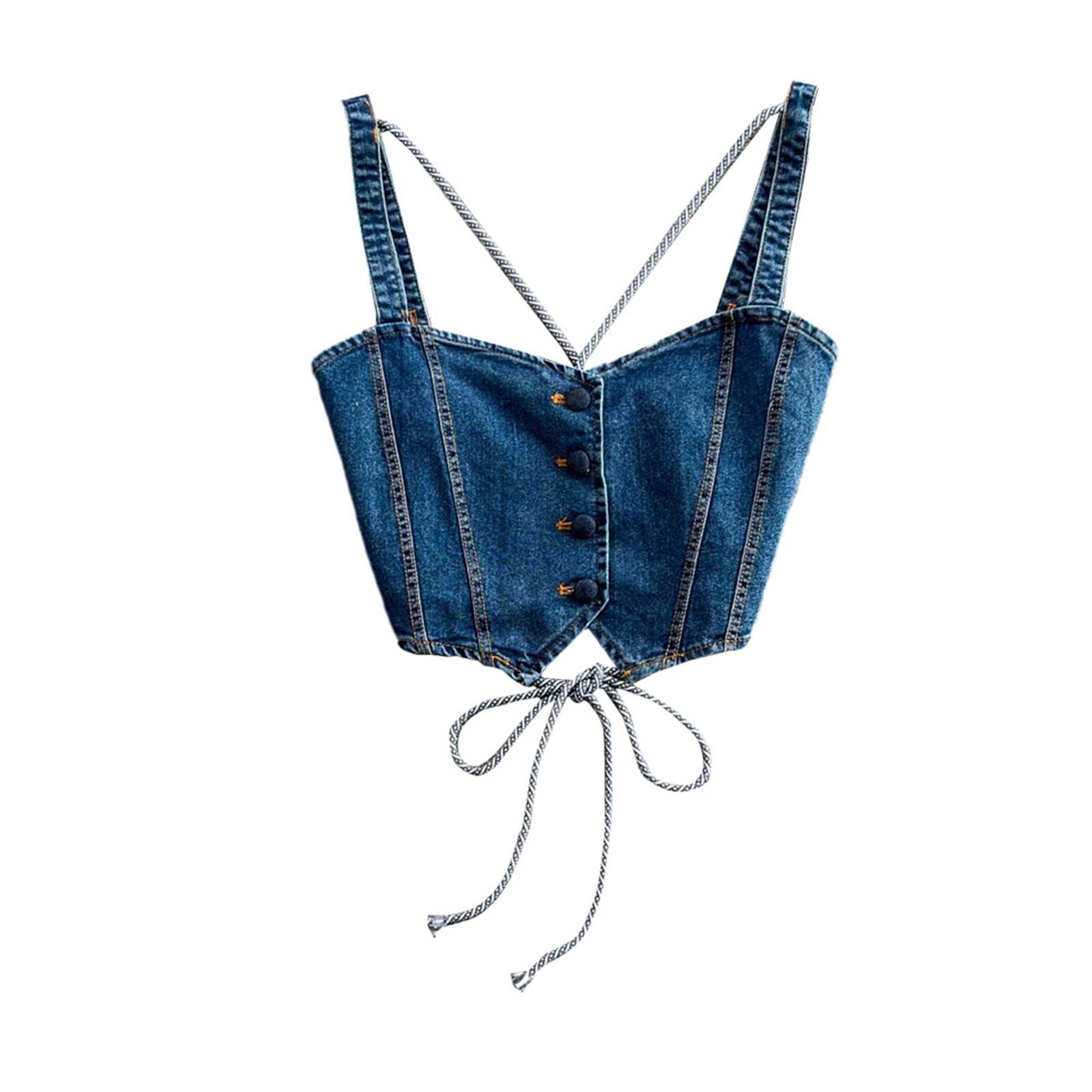 YHANNIYHANNI Women's Pajamas, Jeans Tank Top Woman Vintage Crop Tops Women Strap Casual Cami Denim Camsoles Bandage Corsets Summer Clothing