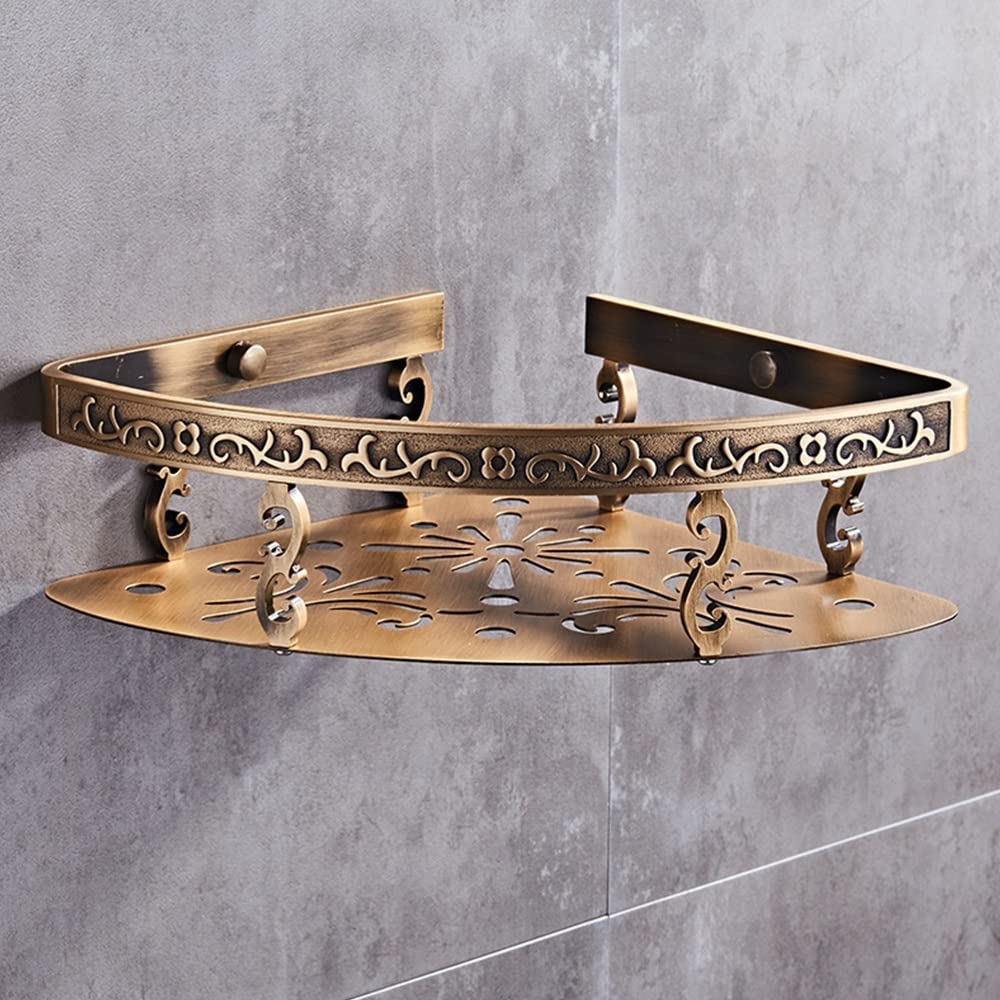GDDO Corner Shower Caddy Bathroom Shelfs Wall Mounted Antique Bronze Aluminum Carved Shampoo Shelf for Storage Draining Rack Kitchen Seasoning Bottles Holde Organizer Shelf Rustproof/Single Corner