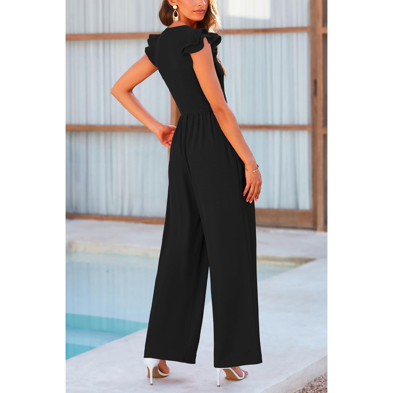 Femmes Combinaison sans Manche Col Rond Élégant Barboteuse Jumpsuit Pantalon Loose Casual Combishort avec Poches Pantalon Taille Haute Vêtements de Travail Jumpsuit