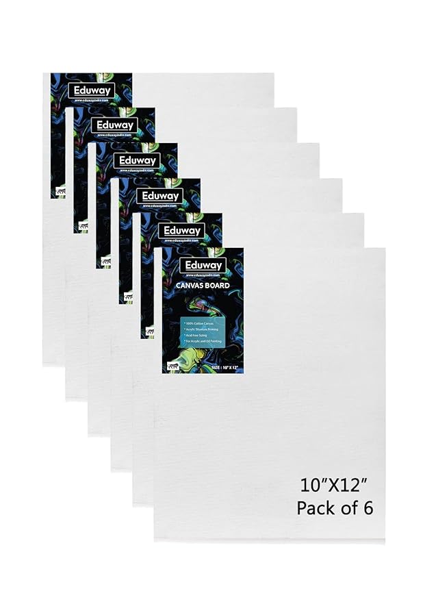 Eduway® Canvas Board for Painting- (10x12) | Premium Quality 7Oz Pre-Primed Cotton Canvas Board for Artists & Beginners | Ideal for Acrylic, Oil, Gouache, Pastels Colors (Pack of 6) (25x30 cms)