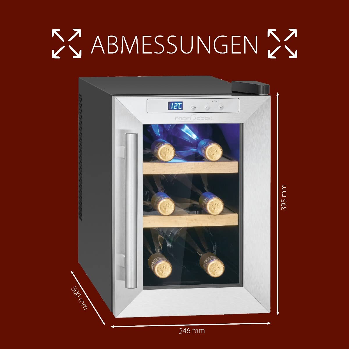 ProfiCook Weinkühlschrank 6 Flaschen UV-beständige Glastür LED-Beleuchtung 11-18°C PC-WK 1231