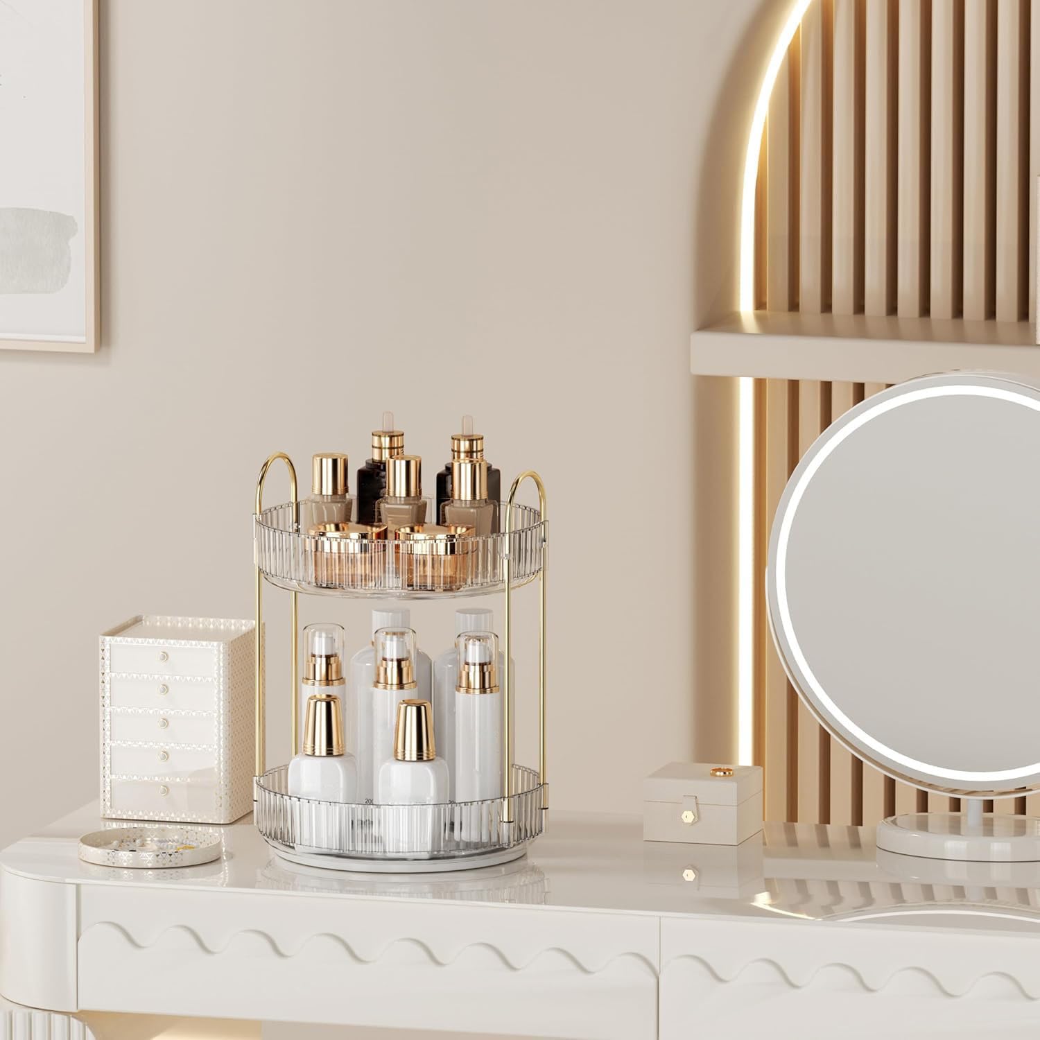 Organizzatore di Trucco Rotante a 360°, Porta Trucchi Organizzatore Grande Capacità,Organizzatore di Profumi,Organizer Trucchi Multifunzione per Toeletta,Camera da Letto,2 Livello Trasparente