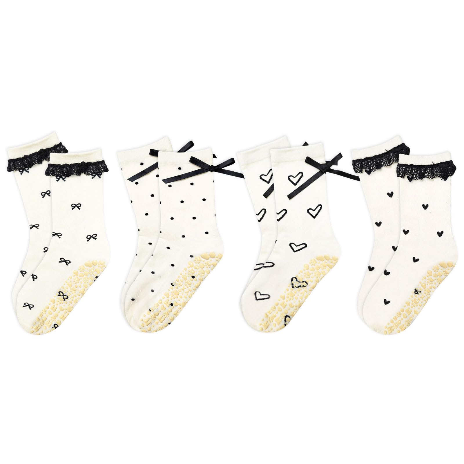COARVXA 4Pairs Cute Pilates Grip Socks for Women Lace-trimmed Bow Pattern Non Slip Grip Socks for Yoga, Barre, Barefoot