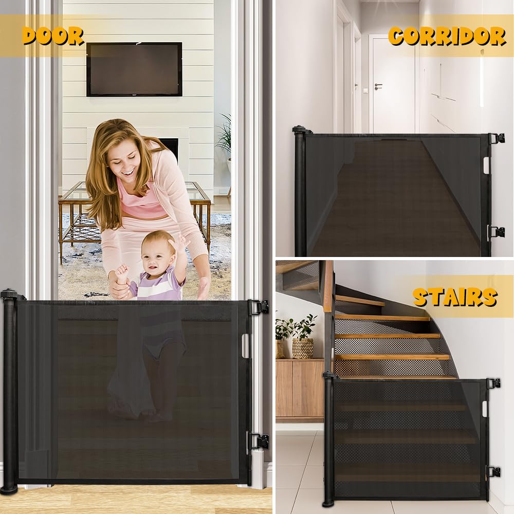 Barrera de seguridad retráctil para bebés y perros, 0-150 cm, barrera retráctil infantil, barrera de seguridad infantil, apta para escaleras, pasillos, interior (gris, 86 x 180 cm)