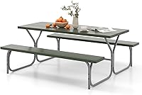 Vista 14 de Giantex - Juego de bancos para picnic para todo tipo de climas, con base de metal, textura similar a la madera, para acampar al aire libre