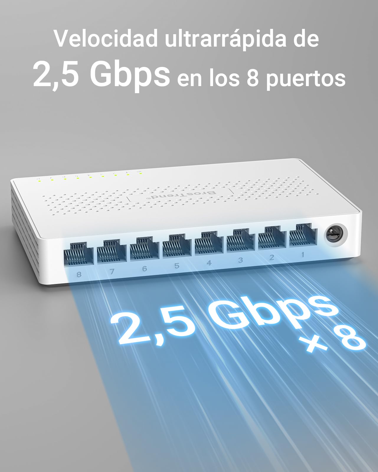 BrosTrend 2,5Gb Switch Ethernet 8 Puertos, Gigabit Switch de red 2.5Gb sin Ventilador, no Gestionado Hub RJ45 para PC, Videoconsola, NAS, Plug & Play, Montaje en Escritorio o Muro, Vida ÚTI Protección