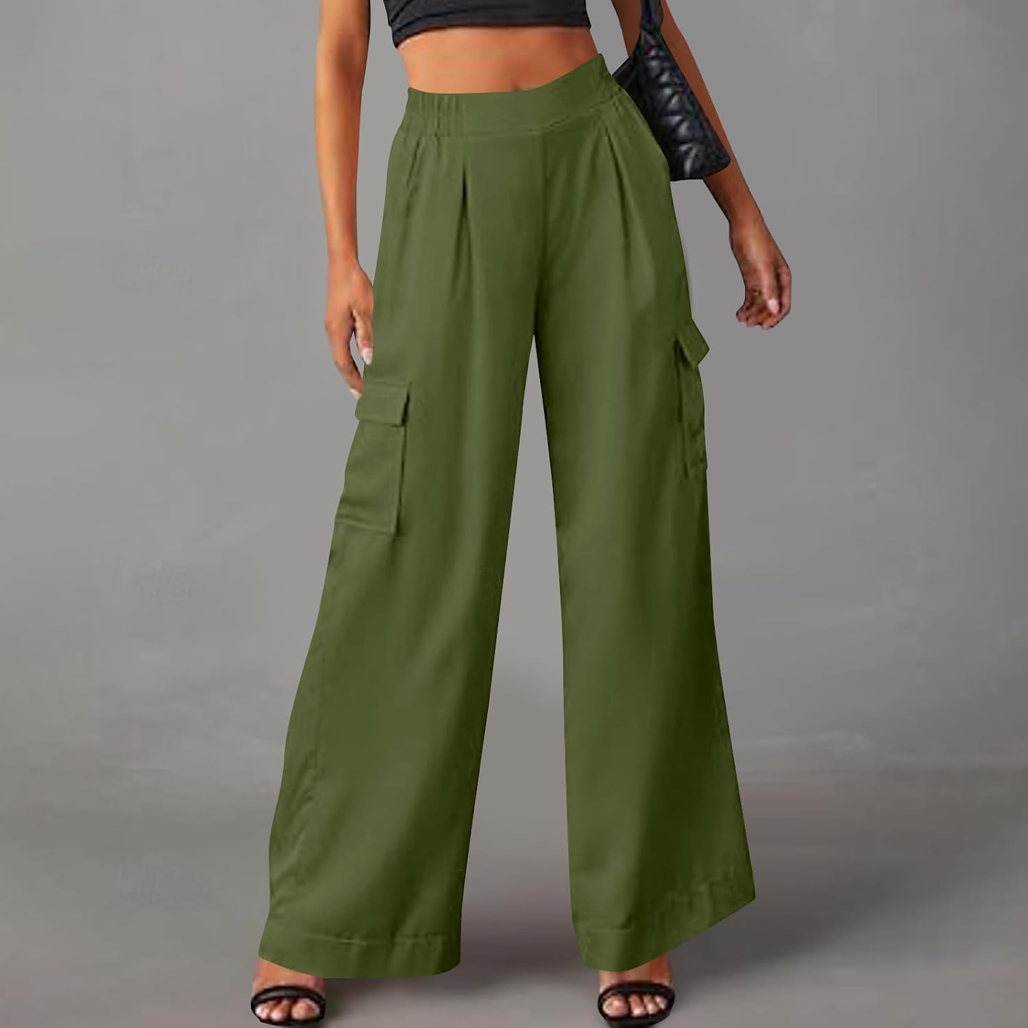 Womens Wide Leg Cargo Pants Elastic High Waisted Loose Fit Lounge Pant with Pockets Solid Business Casual Trousers
