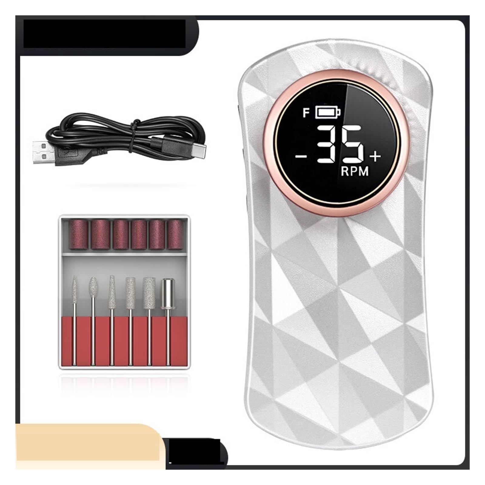 Torno para Uñas, Taladro de uñas de 35000RPM, lijadora de uñas eléctrica recargable, cortadora de fresado de máquina de manicura profesional for pulido de Gel(Bianco)